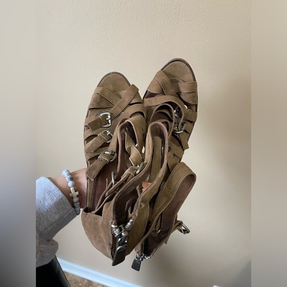 All Saints Strappy Suede Block Heel Open Toed Platform Pumps - Picture 5 of 8